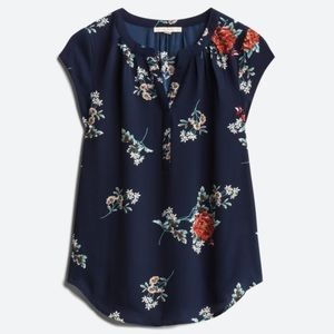 Navy floral split neck blouse